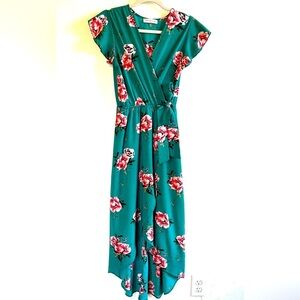 Dream of Me Green/Pink Rose Floral High Low Ruffle Sleeve V Neck Wrap Dress Sz S
